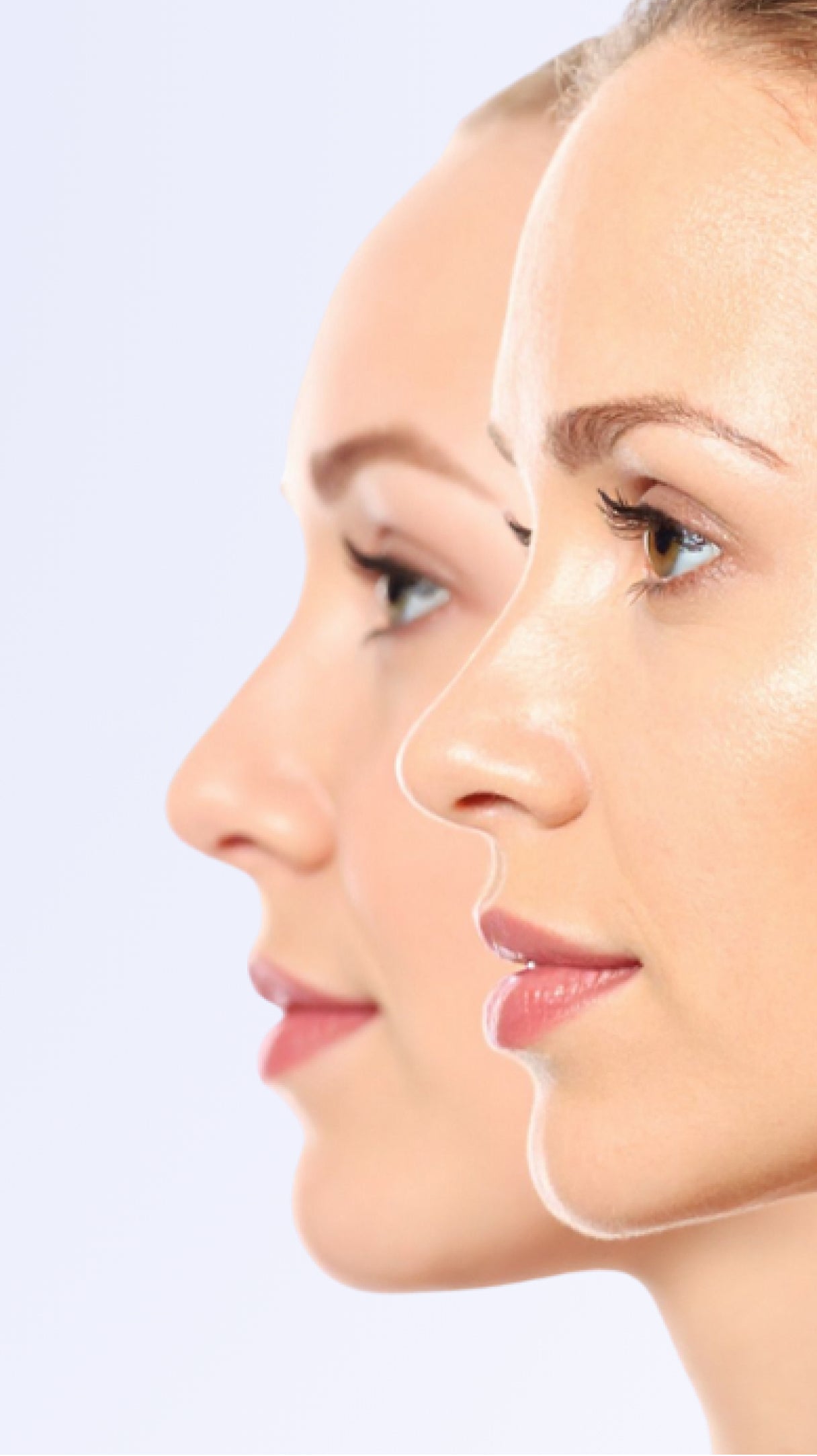 Side-by-side comparison of two faces with a clear line between them on a light purple background.